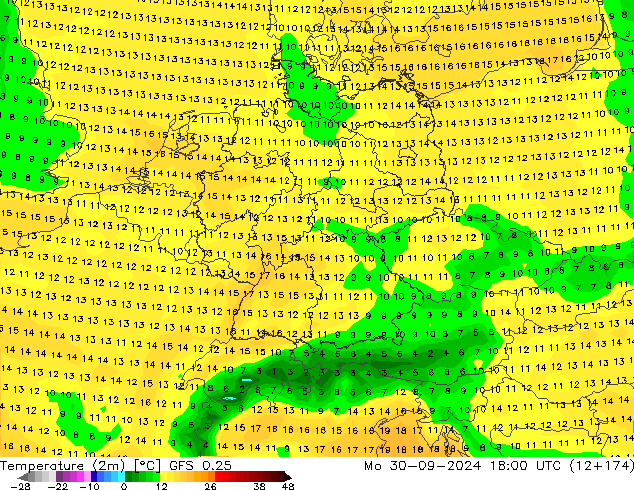 Temperature (2m) GFS 0.25 Po 30.09.2024 18 UTC