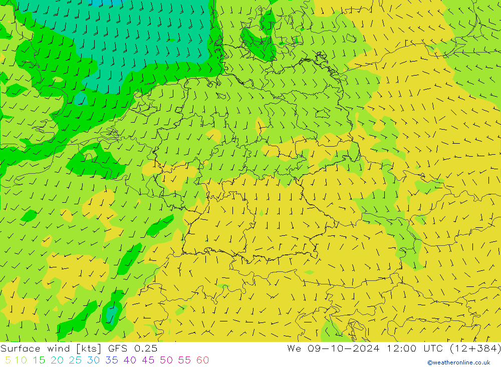 Surface wind GFS 0.25 We 09.10.2024 12 UTC