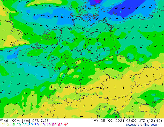 Vent 100m GFS 0.25 mer 25.09.2024 06 UTC