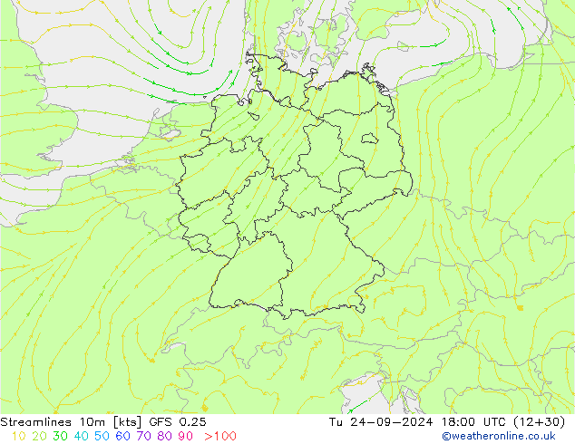 Linha de corrente 10m GFS 0.25 Ter 24.09.2024 18 UTC