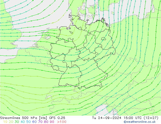 Streamlines 500 hPa GFS 0.25 Tu 24.09.2024 15 UTC