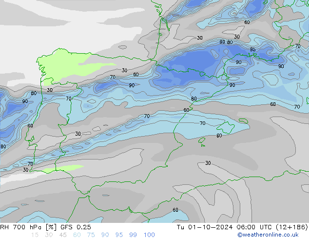 RH 700 hPa GFS 0.25 wto. 01.10.2024 06 UTC