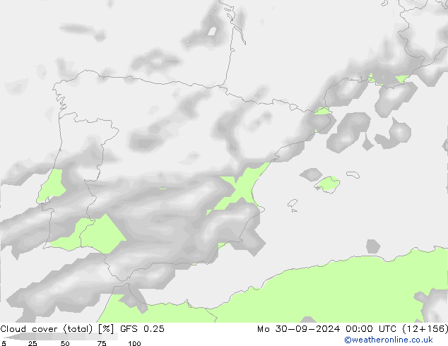 Cloud cover (total) GFS 0.25 Mo 30.09.2024 00 UTC