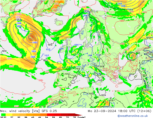 Max. wind velocity GFS 0.25  23.09.2024 18 UTC