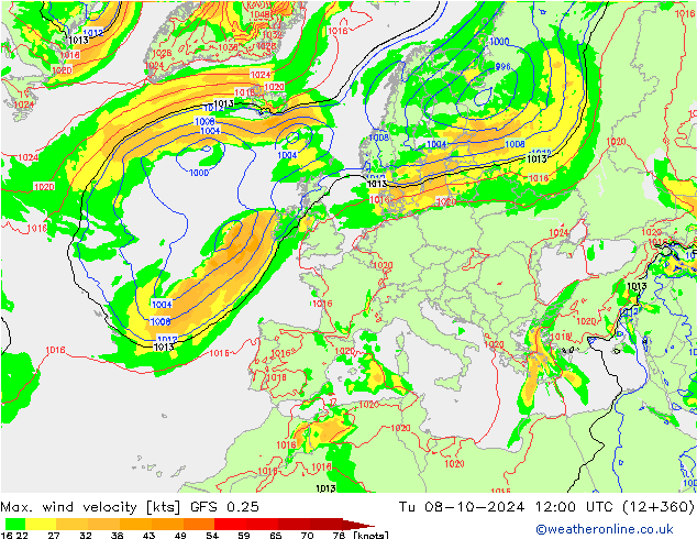 Windböen GFS 0.25 Di 08.10.2024 12 UTC