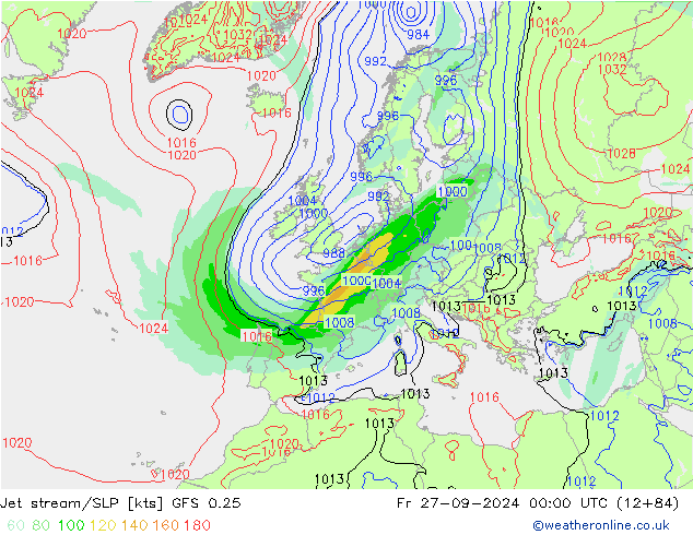 Jet stream/SLP GFS 0.25 Fr 27.09.2024 00 UTC