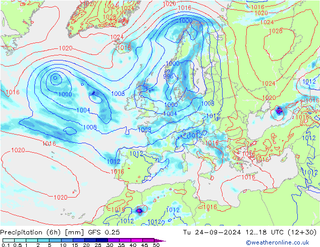 Z500/Rain (+SLP)/Z850 GFS 0.25 wto. 24.09.2024 18 UTC