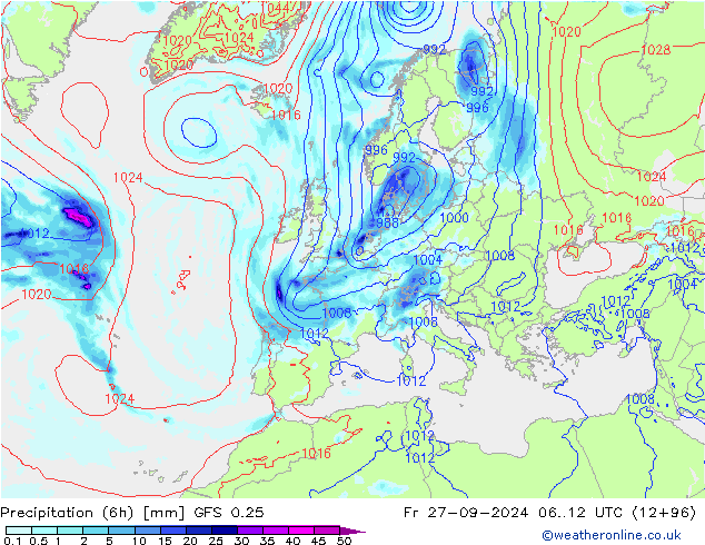 Z500/Rain (+SLP)/Z850 GFS 0.25 Sex 27.09.2024 12 UTC