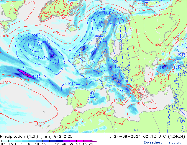 Totale neerslag (12h) GFS 0.25 di 24.09.2024 12 UTC