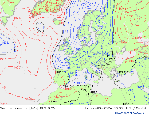 Luchtdruk (Grond) GFS 0.25 vr 27.09.2024 06 UTC