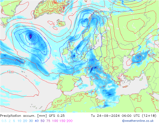 Precipitation accum. GFS 0.25 wto. 24.09.2024 06 UTC