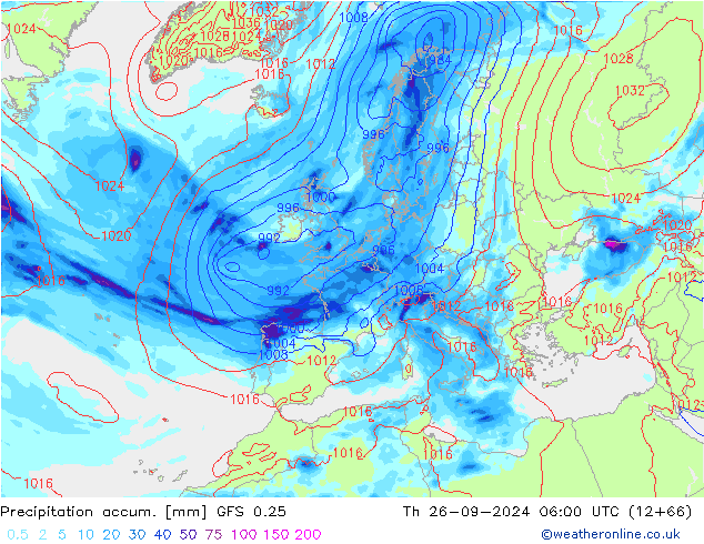 Precipitación acum. GFS 0.25 jue 26.09.2024 06 UTC