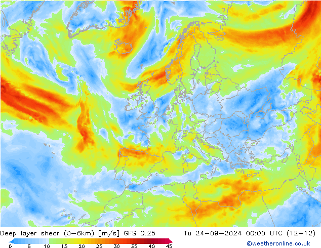 Deep layer shear (0-6km) GFS 0.25 Di 24.09.2024 00 UTC