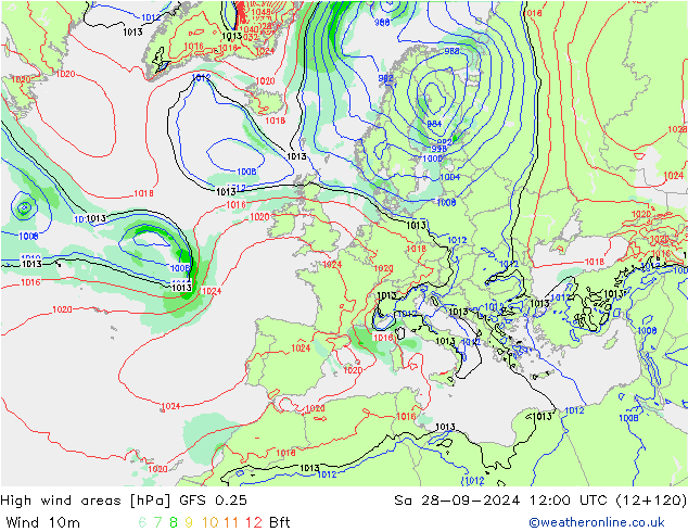 High wind areas GFS 0.25 сб 28.09.2024 12 UTC