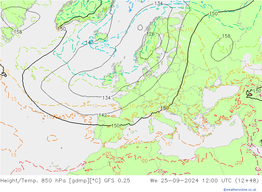 Z500/Rain (+SLP)/Z850 GFS 0.25  25.09.2024 12 UTC