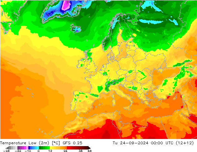 Tiefstwerte (2m) GFS 0.25 Di 24.09.2024 00 UTC