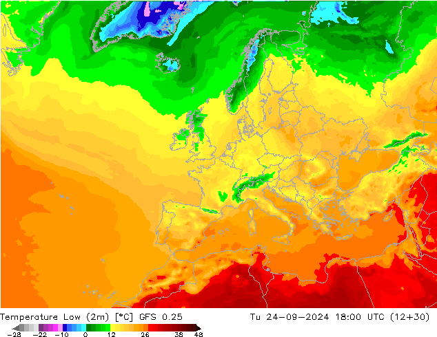 Minumum Değer (2m) GFS 0.25 Sa 24.09.2024 18 UTC