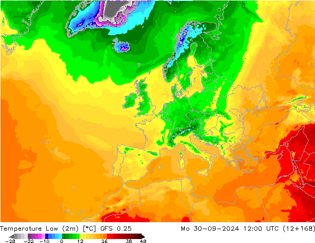 Temperatura mín. (2m) GFS 0.25 lun 30.09.2024 12 UTC