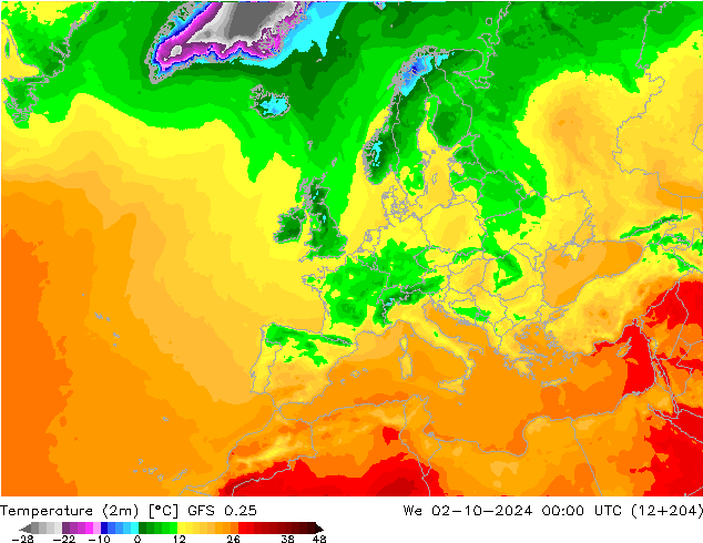 Temperaturkarte (2m) GFS 0.25 Mi 02.10.2024 00 UTC