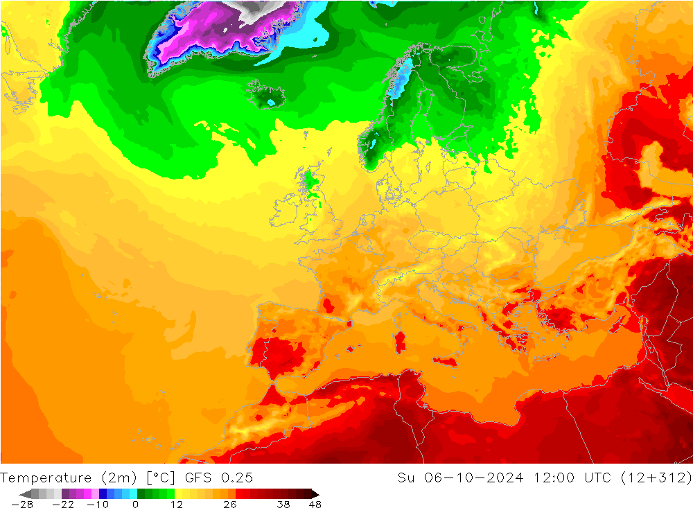 Temperatuurkaart (2m) GFS 0.25 zo 06.10.2024 12 UTC