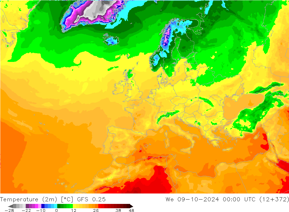 Temperature (2m) GFS 0.25 St 09.10.2024 00 UTC