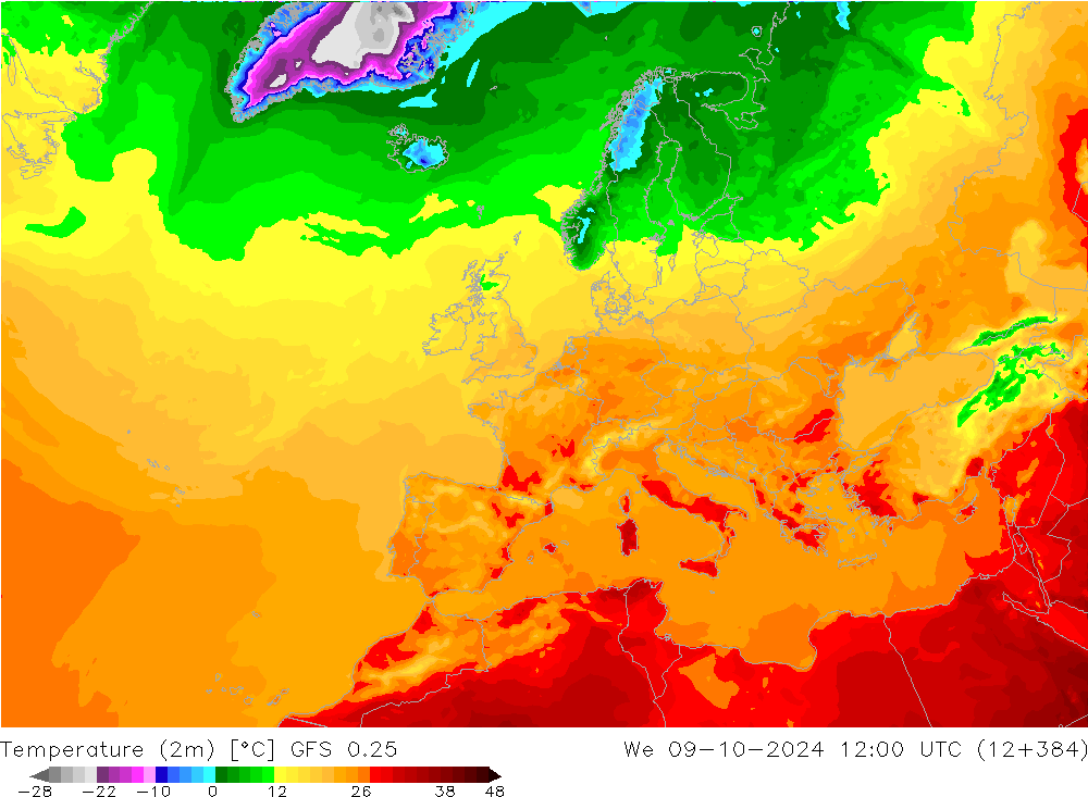 Temperaturkarte (2m) GFS 0.25 Mi 09.10.2024 12 UTC