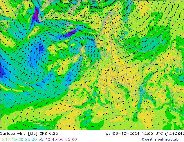 Wind 10 m GFS 0.25 wo 09.10.2024 12 UTC