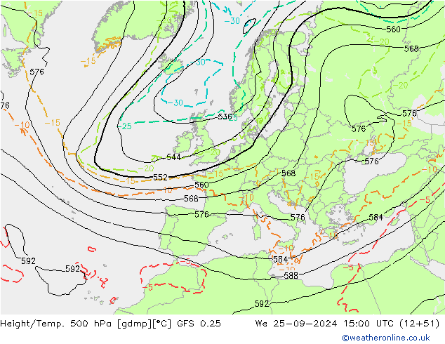 Z500/Rain (+SLP)/Z850 GFS 0.25  25.09.2024 15 UTC