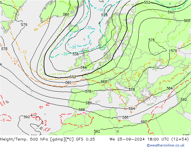 Z500/Rain (+SLP)/Z850 GFS 0.25 St 25.09.2024 18 UTC