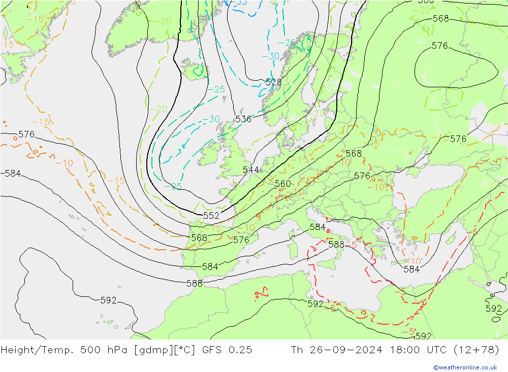 Z500/Rain (+SLP)/Z850 GFS 0.25 jeu 26.09.2024 18 UTC