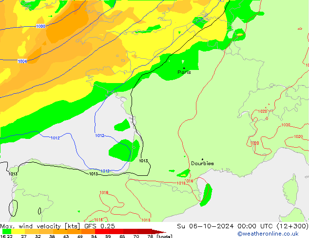 Max. wind velocity GFS 0.25 dom 06.10.2024 00 UTC