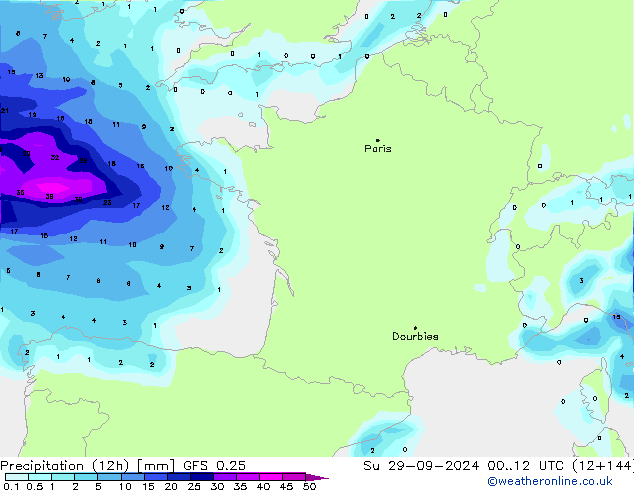 Precipitation (12h) GFS 0.25 Su 29.09.2024 12 UTC