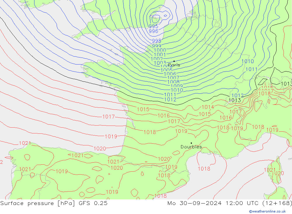 Bodendruck GFS 0.25 Mo 30.09.2024 12 UTC