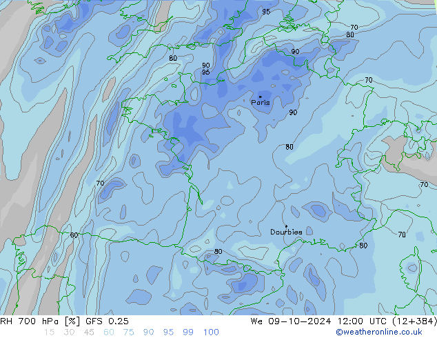 RH 700 hPa GFS 0.25 St 09.10.2024 12 UTC