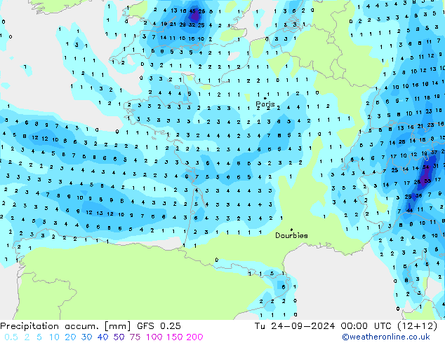 Precipitation accum. GFS 0.25 Tu 24.09.2024 00 UTC