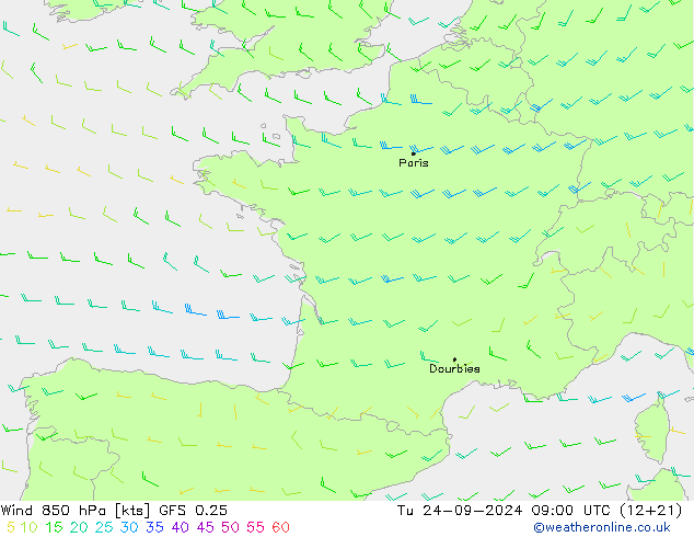  850 hPa GFS 0.25  24.09.2024 09 UTC