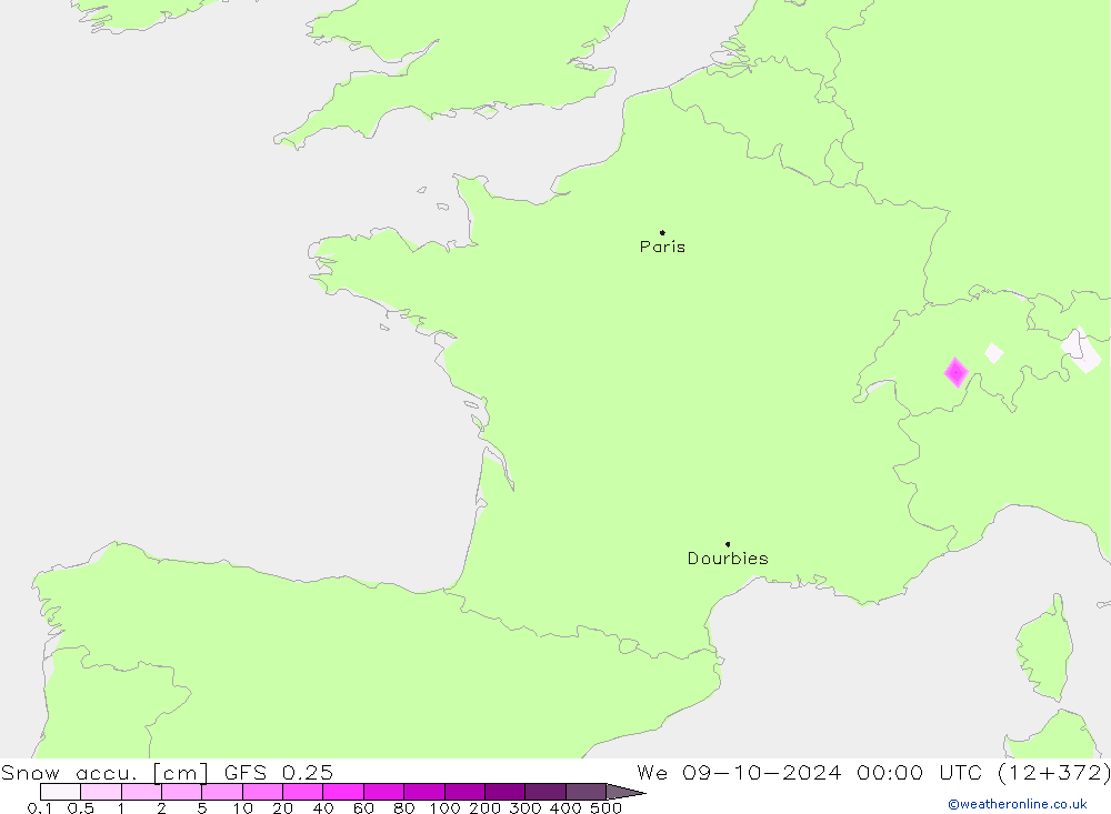 Snow accu. GFS 0.25 mer 09.10.2024 00 UTC