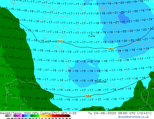 Z500/Rain (+SLP)/Z850 GFS 0.25  24.09.2024 09 UTC