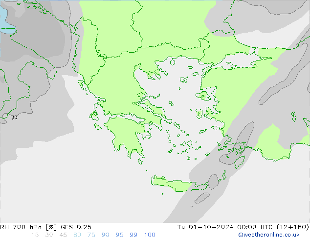 RH 700 hPa GFS 0.25 Út 01.10.2024 00 UTC