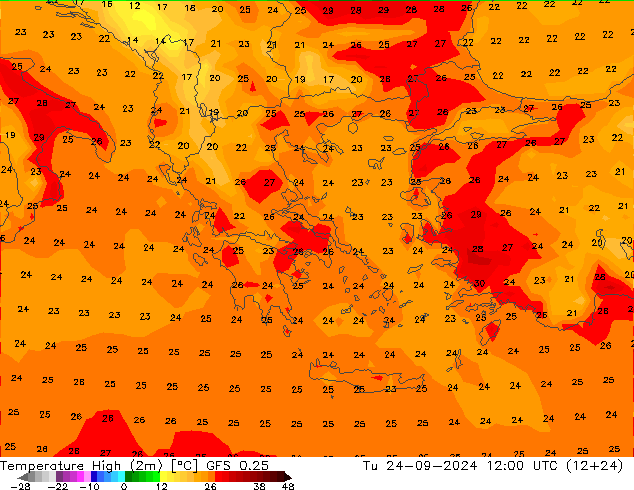 temperatura máx. (2m) GFS 0.25 Ter 24.09.2024 12 UTC