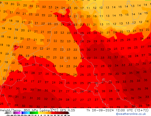 Height/Temp. 850 hPa GFS 0.25 Čt 26.09.2024 12 UTC