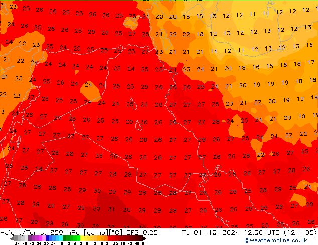 Height/Temp. 850 hPa GFS 0.25  01.10.2024 12 UTC