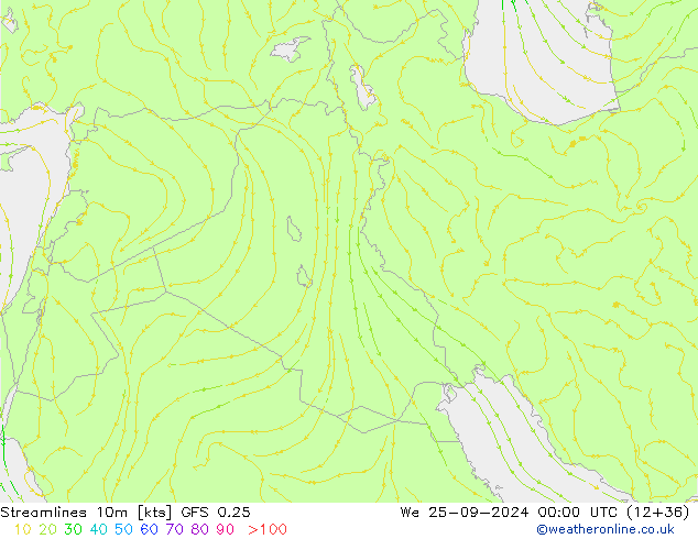 Streamlines 10m GFS 0.25 We 25.09.2024 00 UTC