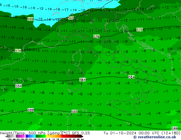 Z500/Rain (+SLP)/Z850 GFS 0.25 Tu 01.10.2024 00 UTC