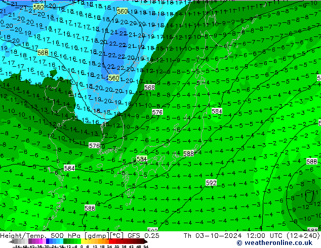 Z500/Rain (+SLP)/Z850 GFS 0.25 czw. 03.10.2024 12 UTC