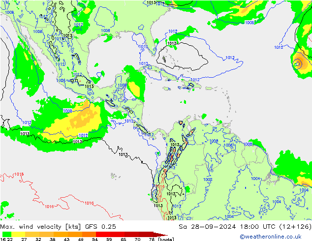 Max. wind velocity GFS 0.25 sab 28.09.2024 18 UTC