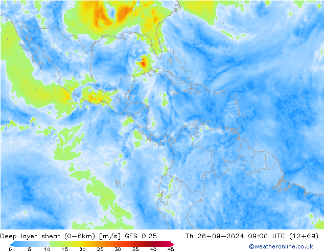 Deep layer shear (0-6km) GFS 0.25 Th 26.09.2024 09 UTC