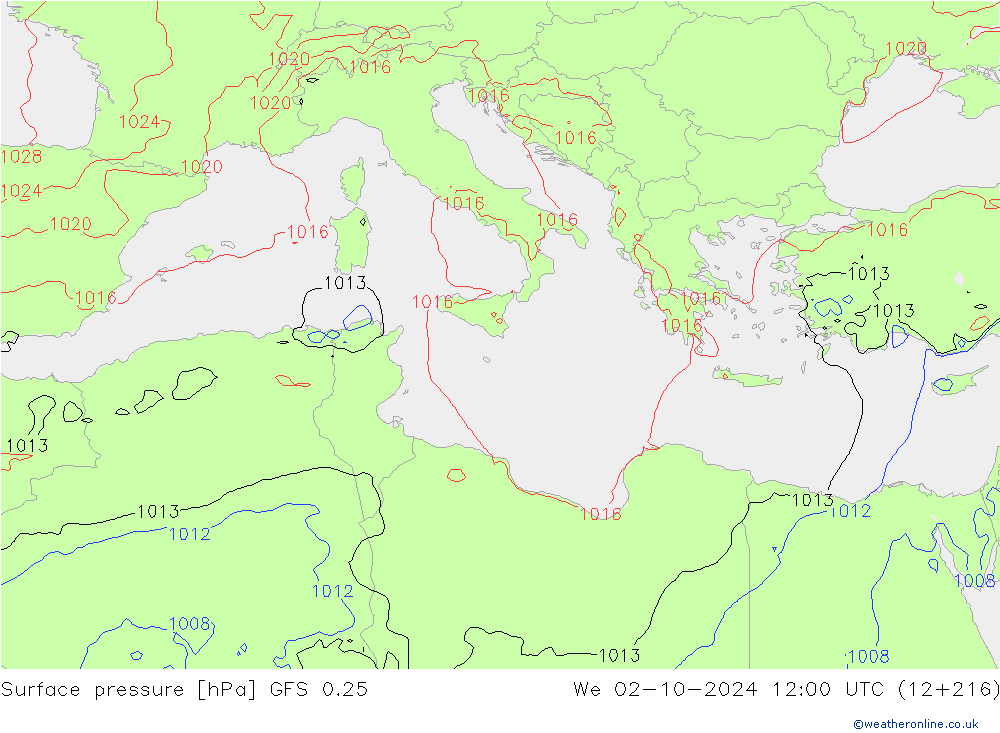 Pressione al suolo GFS 0.25 mer 02.10.2024 12 UTC