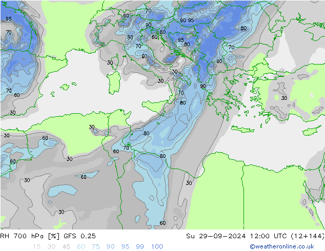 RH 700 hPa GFS 0.25 nie. 29.09.2024 12 UTC