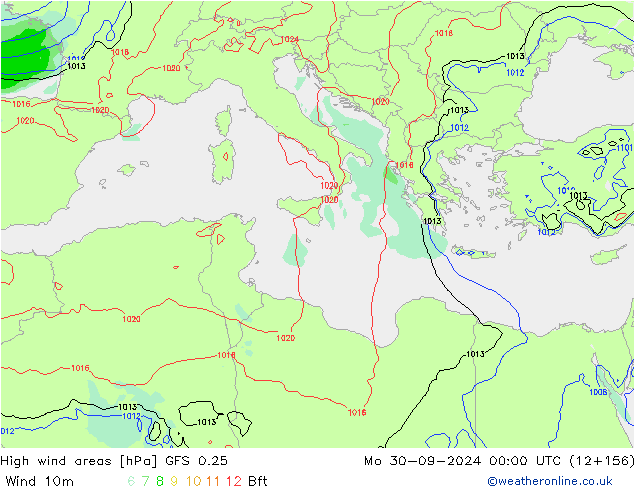 High wind areas GFS 0.25 Mo 30.09.2024 00 UTC
